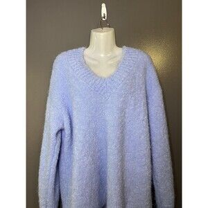 Aerie Sweater Womens Medium Blue Fuzzy Chunky Knit V Neck Pullover Cozy Soft